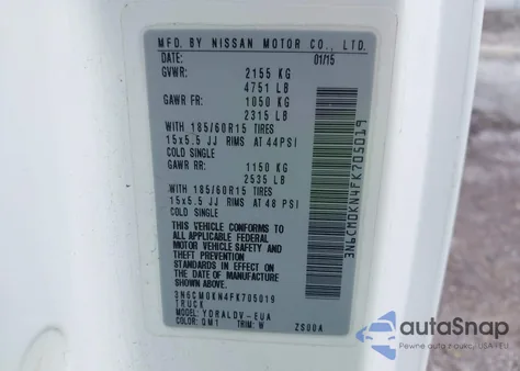 2015 Nissan Nv200 S/Sv from USA, damaged, VIN 3N6CM0KN4FK705019